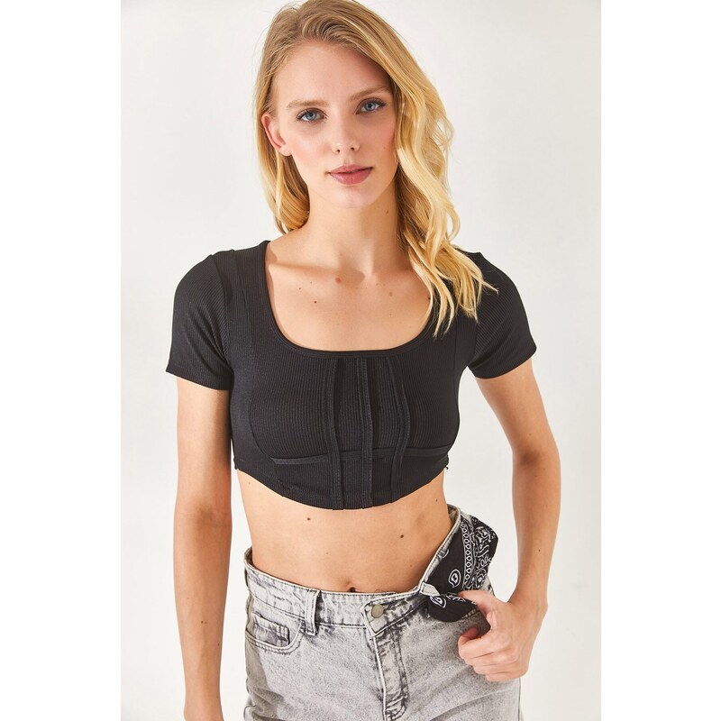 Olalook Women's Black Corset Square Collar Crop Top