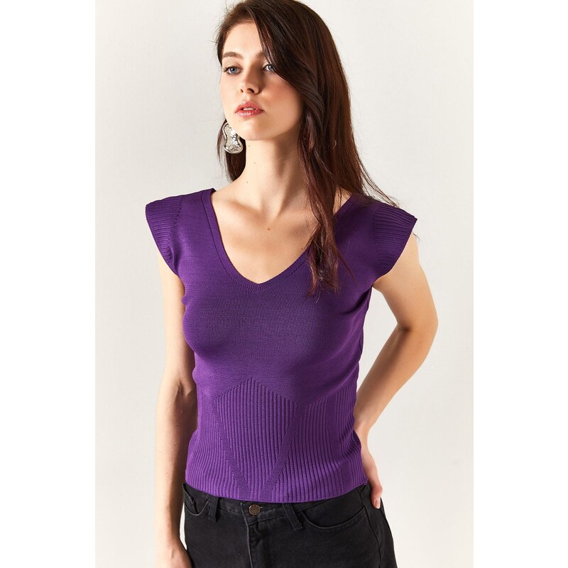 Olalook Women's Purple Shoulder And Skirt Detailed Front Back V Knitwear Blouse