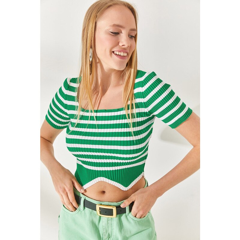 Olalook Grass Green Striped Asymmetric Crop Knitwear Blouse