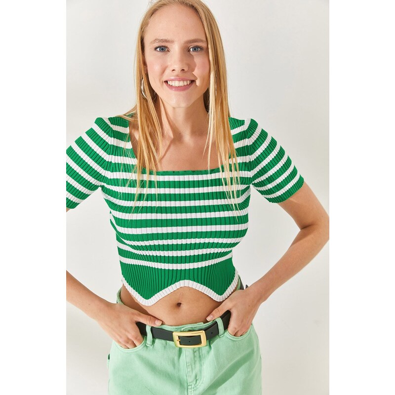 Olalook Grass Green Striped Asymmetric Crop Knitwear Blouse