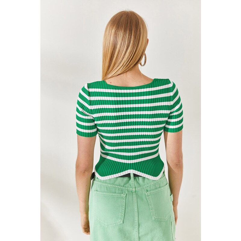 Olalook Grass Green Striped Asymmetric Crop Knitwear Blouse