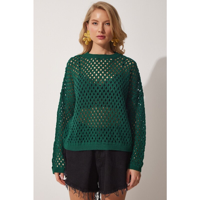 Happiness İstanbul Women's Dark Green Openwork Seasonal Knitwear Blouse