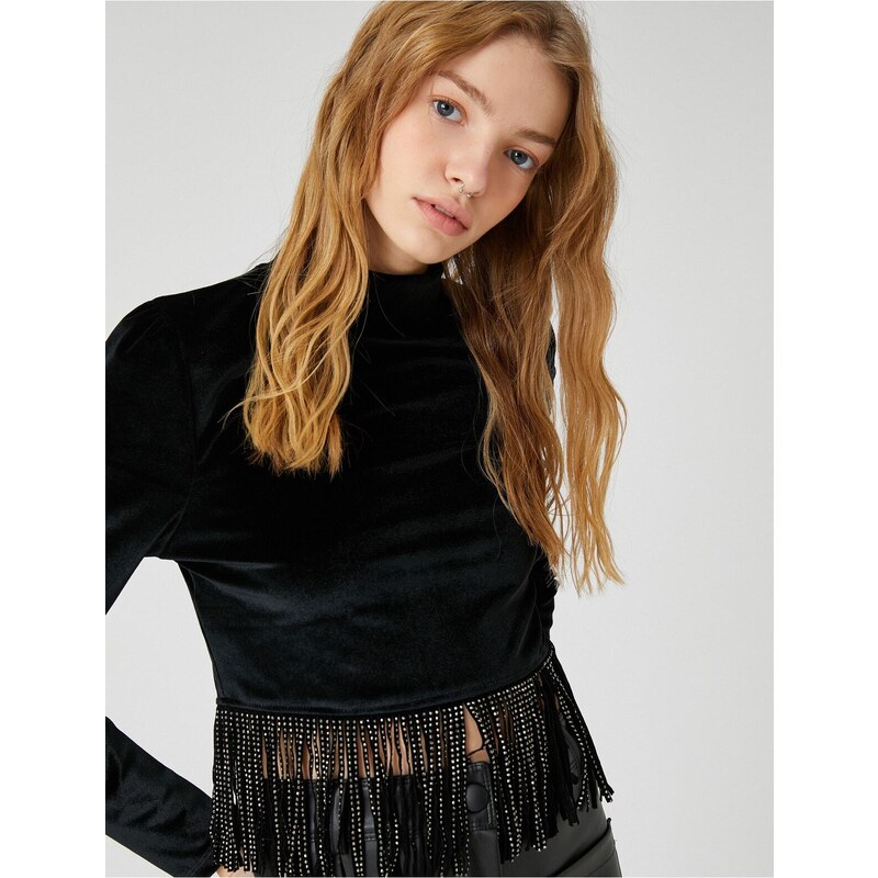 Koton Long Sleeve T-Shirt Velvet Crop with Shimmering Tassel Detail.