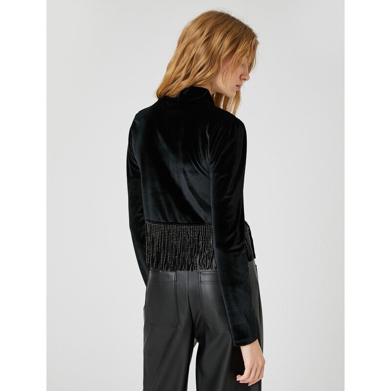 Koton Long Sleeve T-Shirt Velvet Crop with Shimmering Tassel Detail.