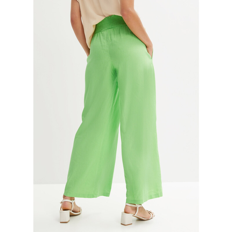 bonprix High-Waist kalhoty Marlene se lnem a pohodlnou žabičkovanou pasovkou Zelená