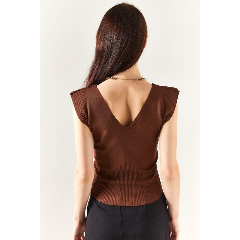 Olalook Women's Bitter Brown Shoulders And Skirt Detailed Front Back V Knitwear Blouse