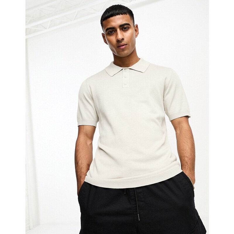 ONLY & SONS knitted polo in beige-Neutral