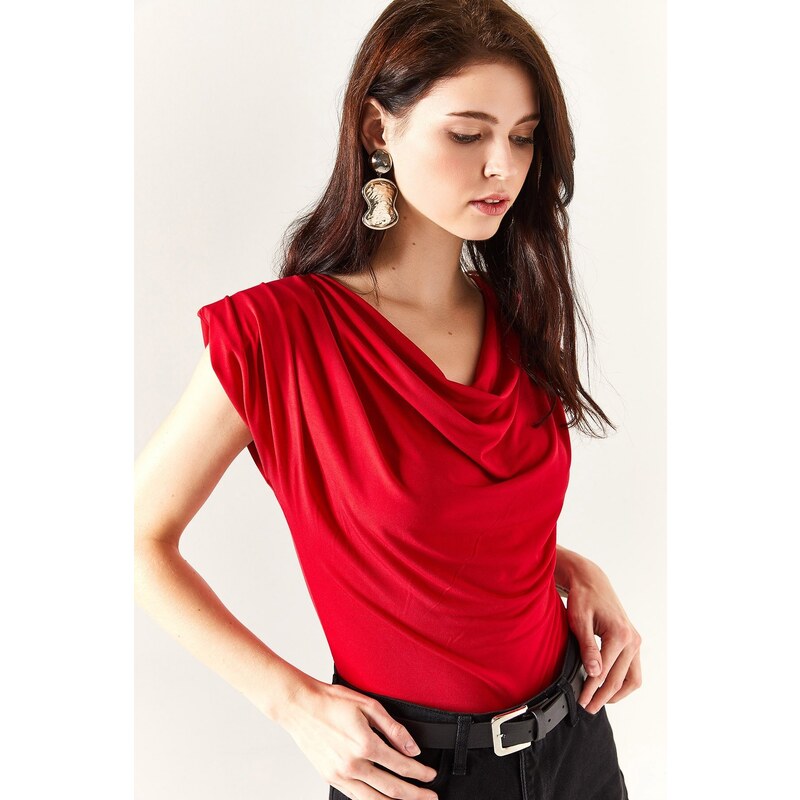 Olalook Women's Red Padded Plunging Collar Flowy Blouse