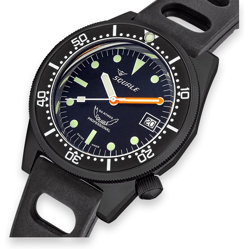 Squale Watches Černé pánské hodinky Squale s gumovým páskem 1521 PVD Rubber - Black 42MM Automatic