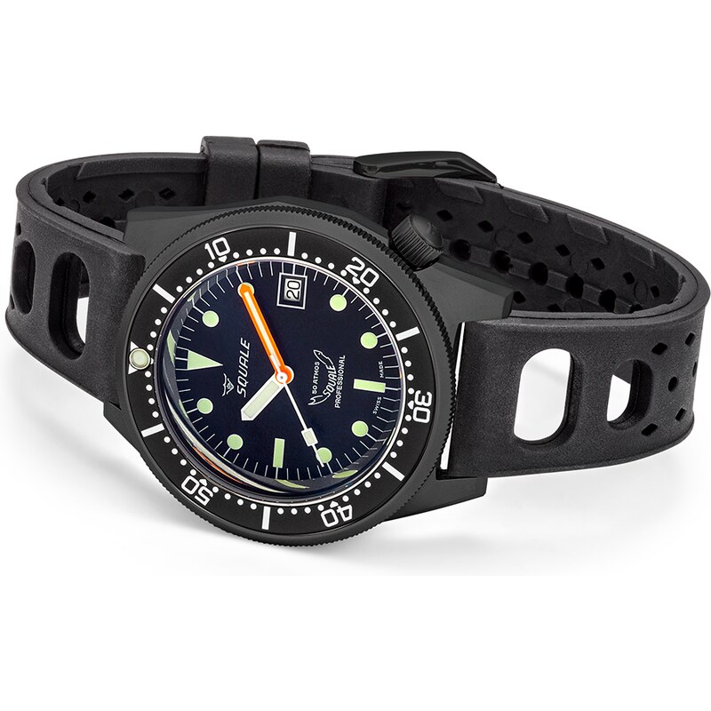 Squale Watches Černé pánské hodinky Squale s gumovým páskem 1521 PVD Rubber - Black 42MM Automatic