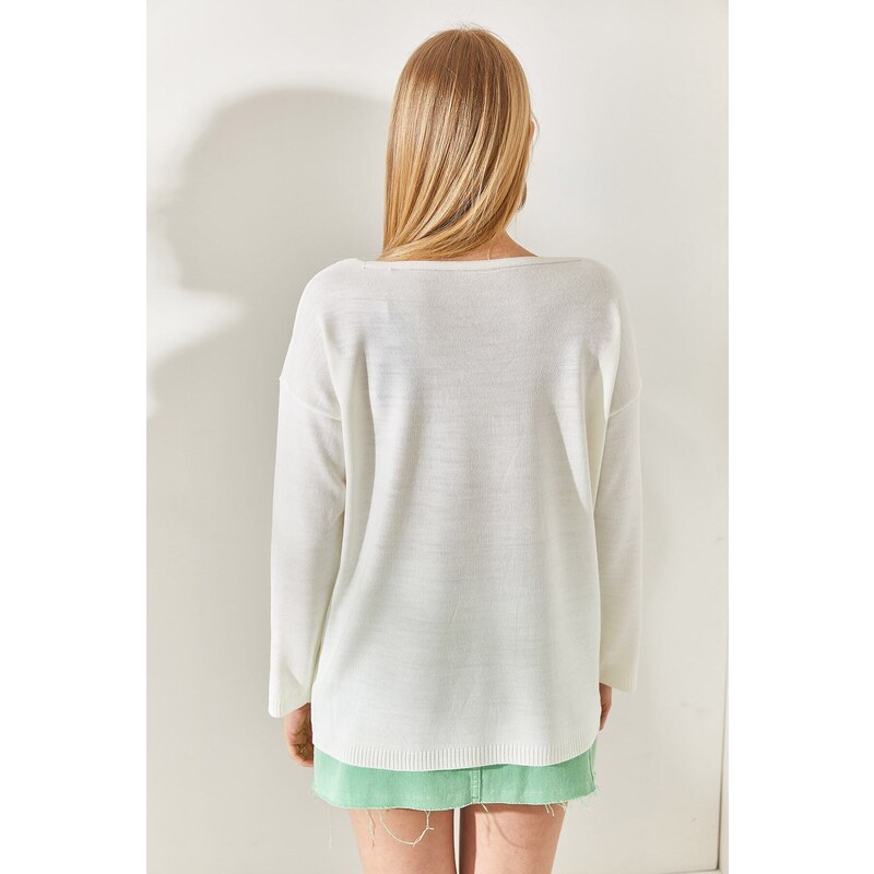 Olalook White V Neck Loose Knitwear Blouse