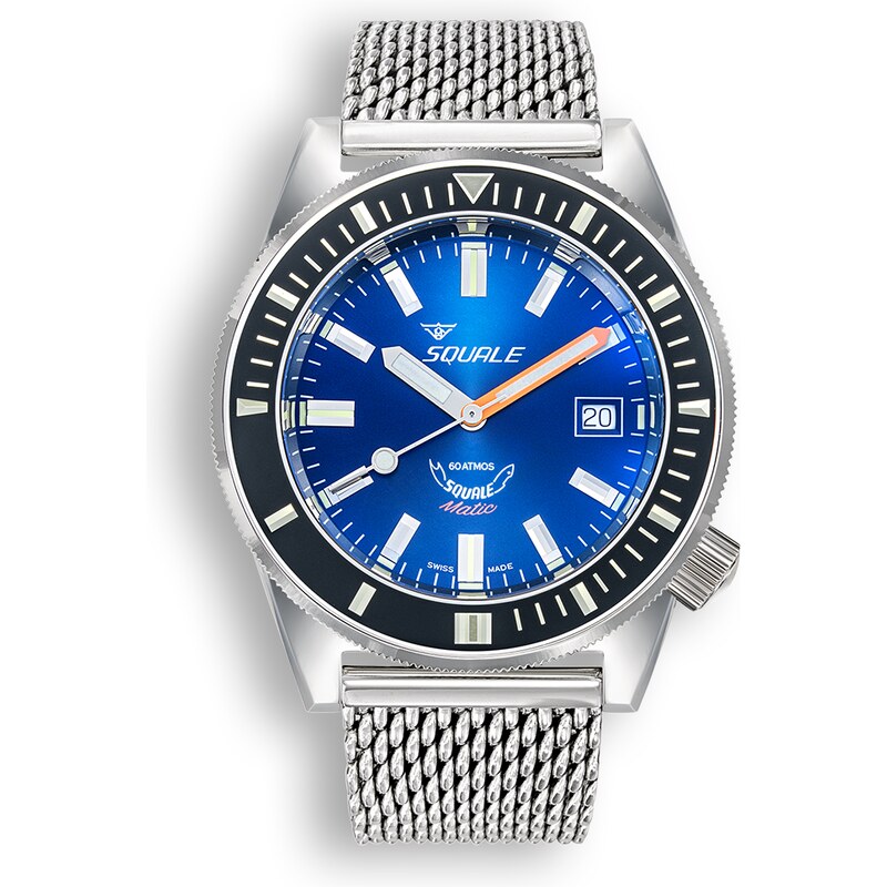 Squale Watches Stříbrné pánské hodinky Squale s ocelovým páskem Matic Dark Blue Mesh - Silver 44MM Automatic