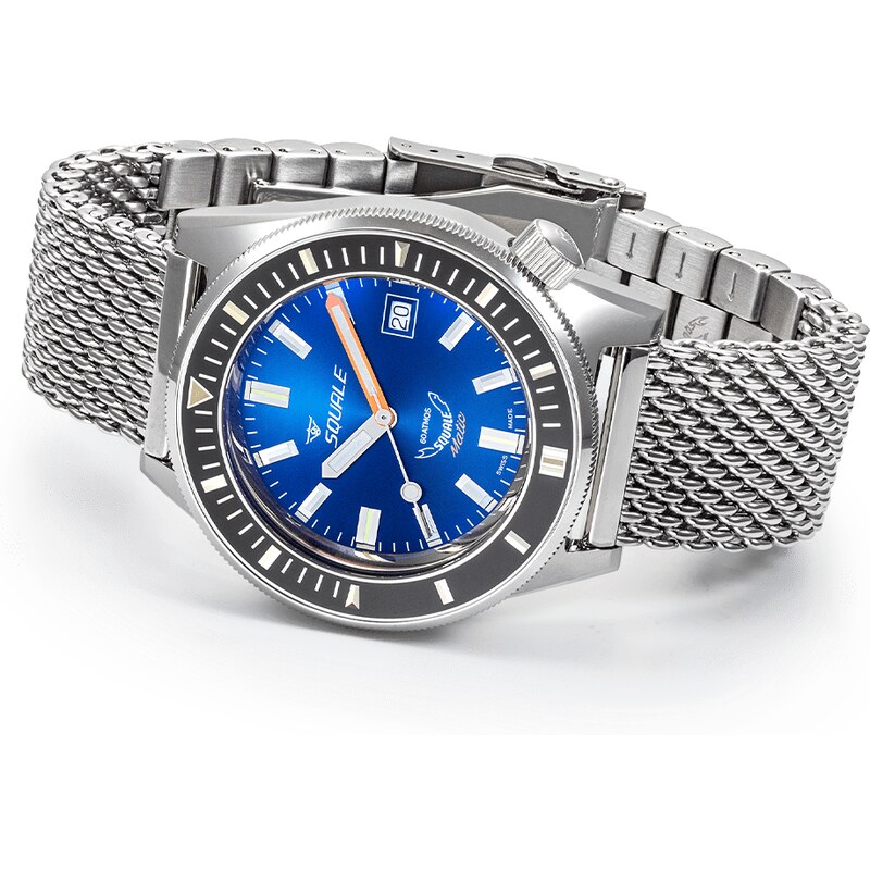 Squale Watches Stříbrné pánské hodinky Squale s ocelovým páskem Matic Dark Blue Mesh - Silver 44MM Automatic