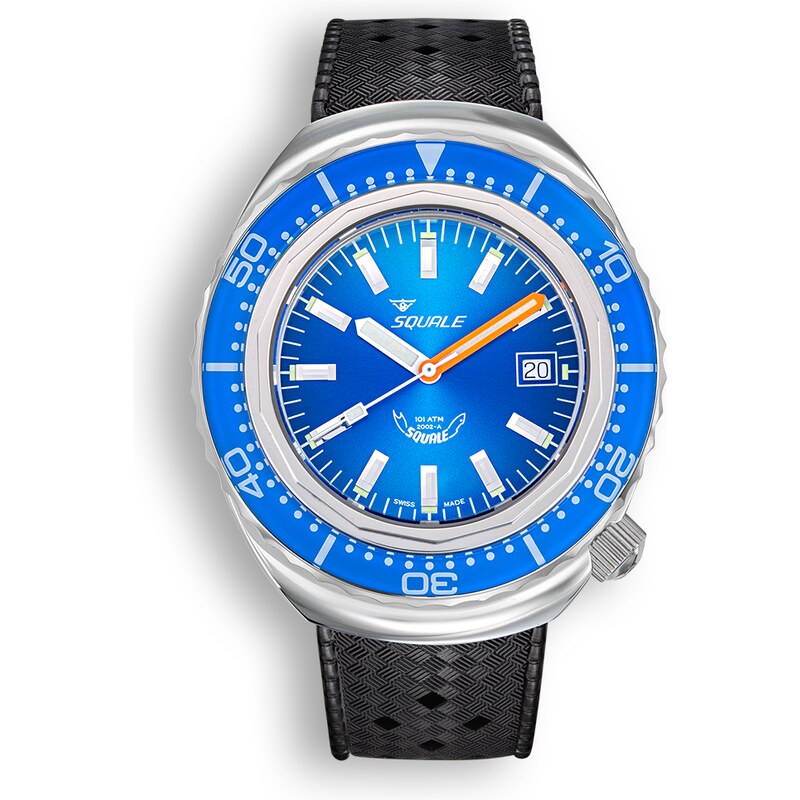 Squale Watches Stříbrné pánské hodinky Squale s gumovým páskem 2002 Blue - Silver 44MM Automatic