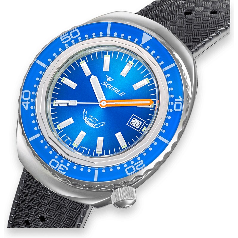 Squale Watches Stříbrné pánské hodinky Squale s gumovým páskem 2002 Blue - Silver 44MM Automatic