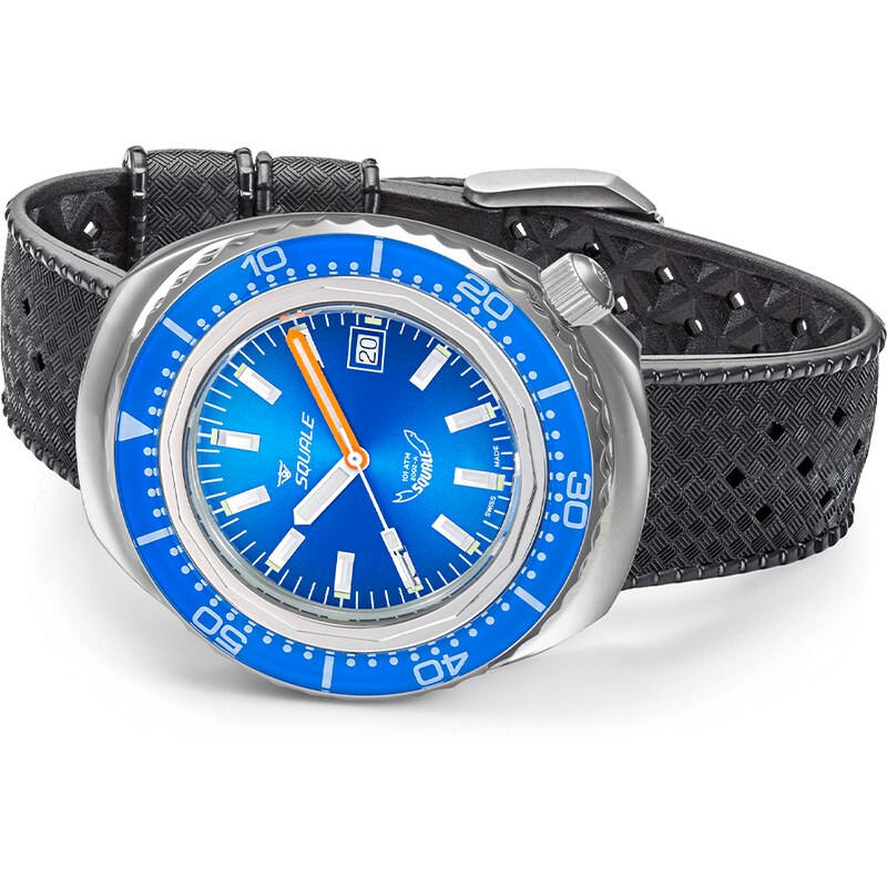 Squale Watches Stříbrné pánské hodinky Squale s gumovým páskem 2002 Blue - Silver 44MM Automatic