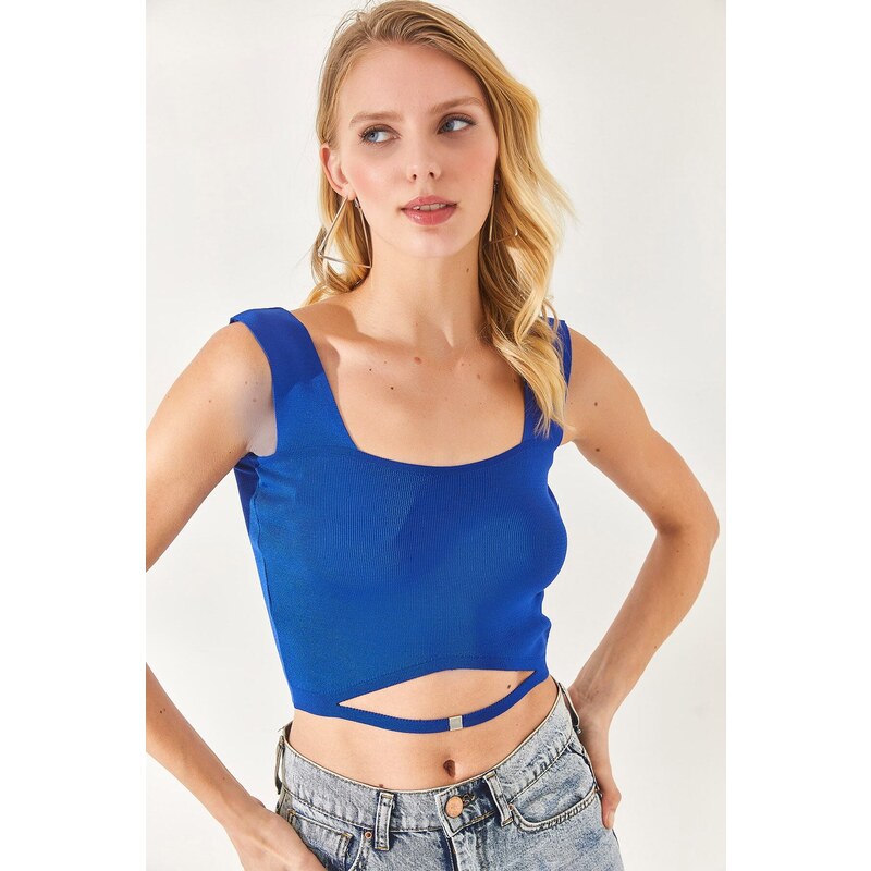 Olalook Women's Saxon Blue Collar Detailed Waist Decollete Crop Knitwear Blouse