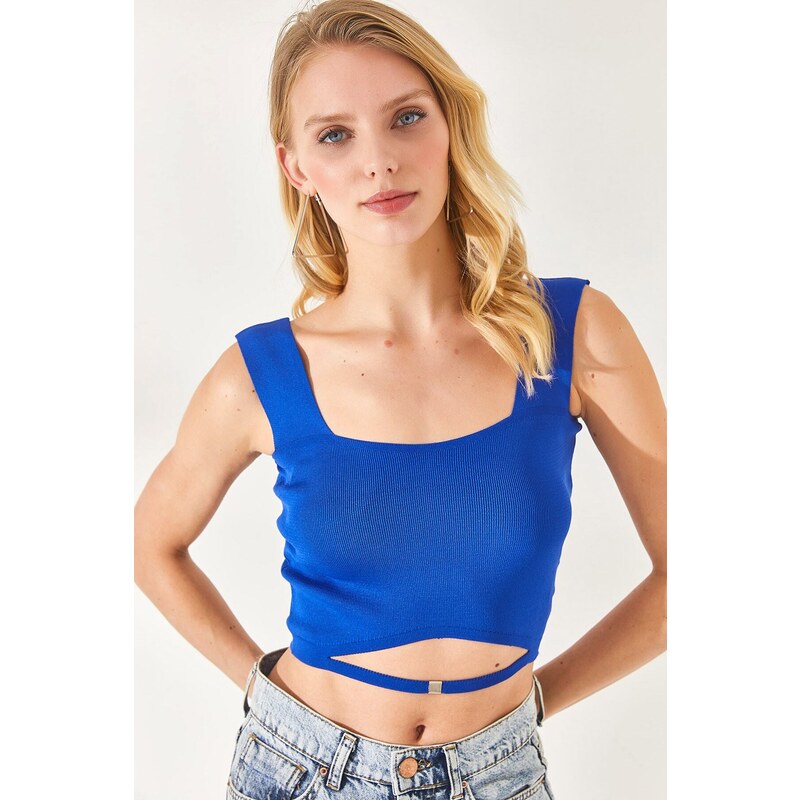 Olalook Women's Saxon Blue Collar Detailed Waist Decollete Crop Knitwear Blouse