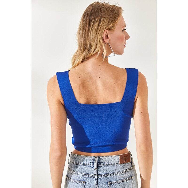 Olalook Women's Saxon Blue Collar Detailed Waist Decollete Crop Knitwear Blouse