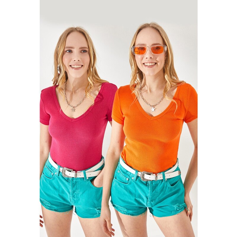 Olalook Women's Fuchsia-Orange V-Neck Short Sleeved 2-pack Blouse