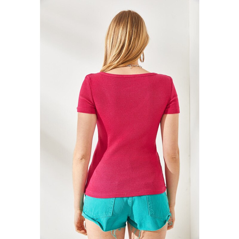 Olalook Women's Fuchsia-Orange V-Neck Short Sleeved 2-pack Blouse