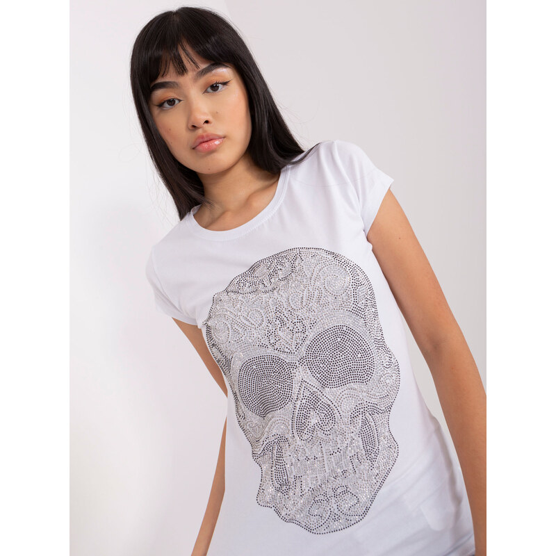 Fashionhunters Bílé dámské tričko s aplikací kamínků
