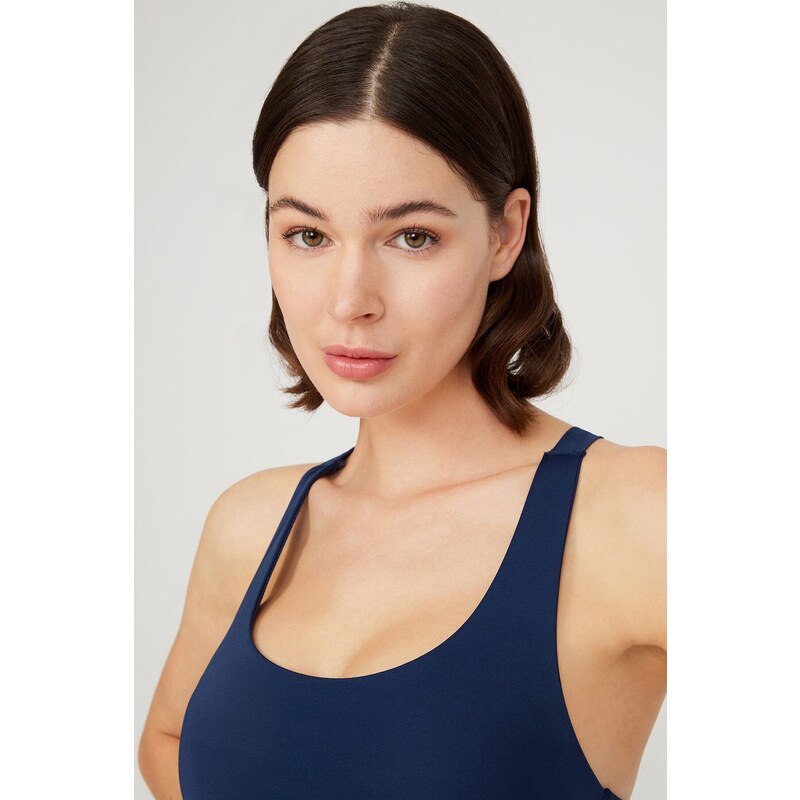 LOS OJOS Navy Blue Lightly Supported Covered Sports Bra with Back Detail