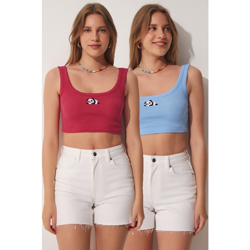 Happiness İstanbul Women's Dark Pink Sky Blue 2-pack Panda Embroidery Knitted Crop Top