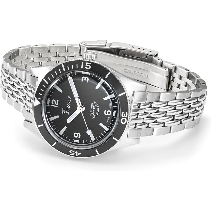 Squale Watches Stříbrné pánské hodinky Squale s ocelovým páskem Super-Squale Arabic Numerals Black Bracelet - Silver 38MM Automatic