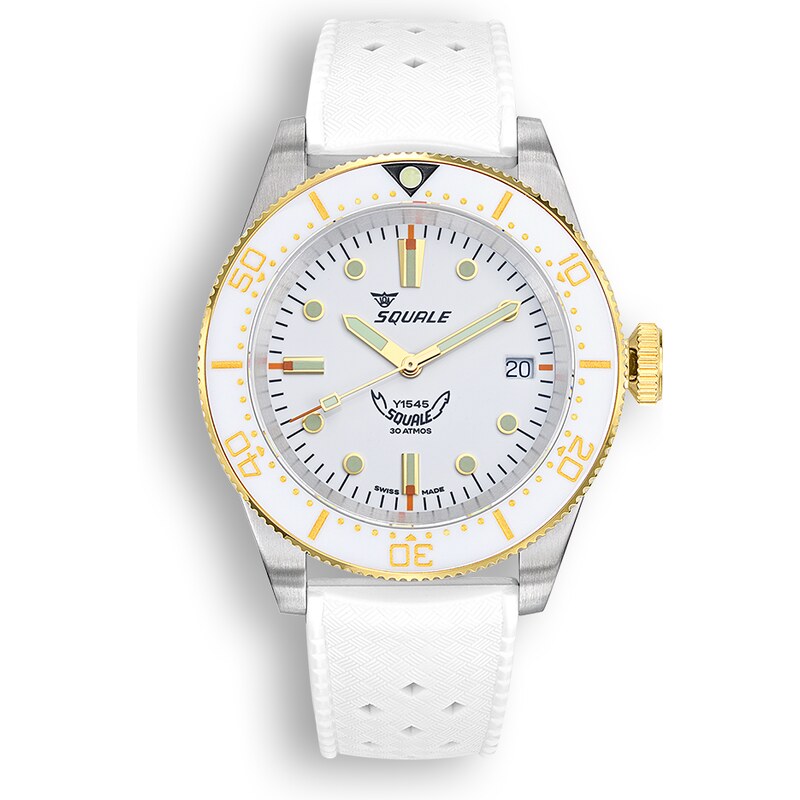 Squale Watches Stříbrné pánské hodinky Squale s gumovým páskem 1545 White Rubber - Silver 40MM Automatic