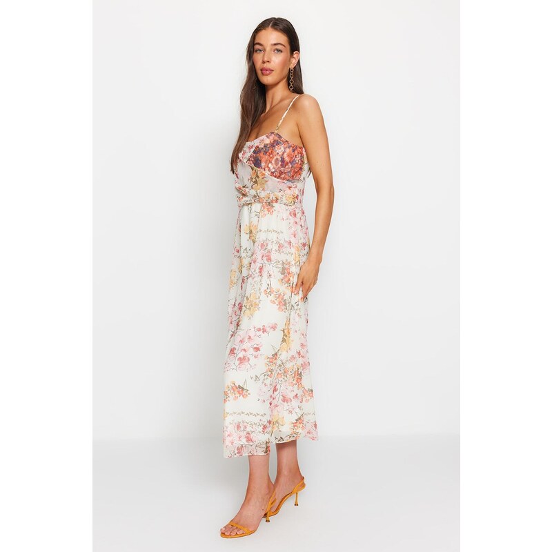 Trendyol Ecru Floral Patterned Waist Opening Straps Maxi Lined Chiffon Woven Dress