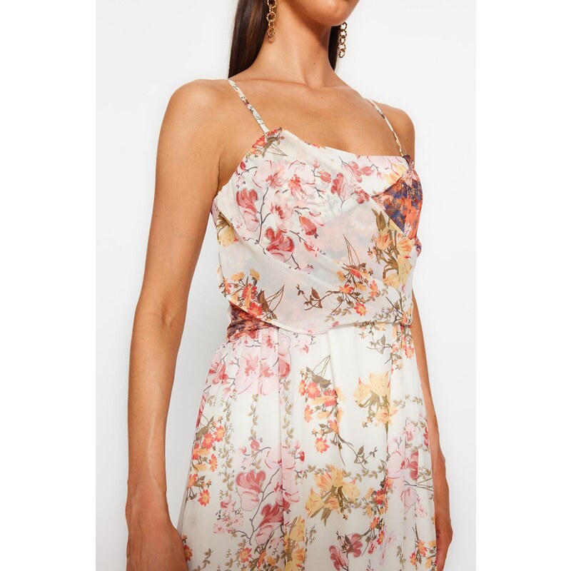 Trendyol Ecru Floral Patterned Waist Opening Straps Maxi Lined Chiffon Woven Dress
