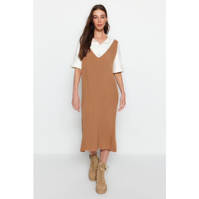 Trendyol Beige Maxi Knitwear V Neck Dress