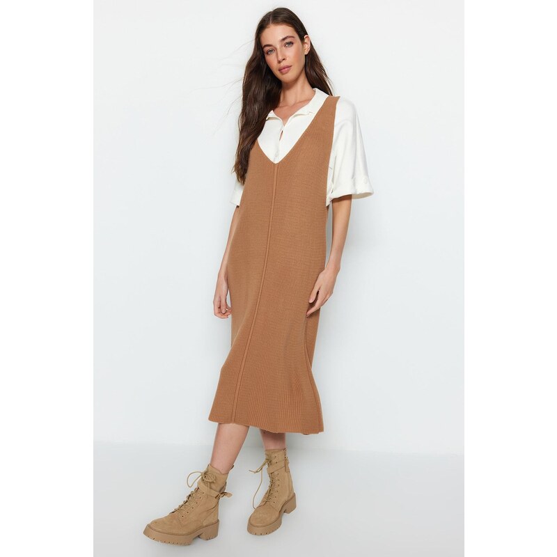 Trendyol Beige Maxi Knitwear V Neck Dress