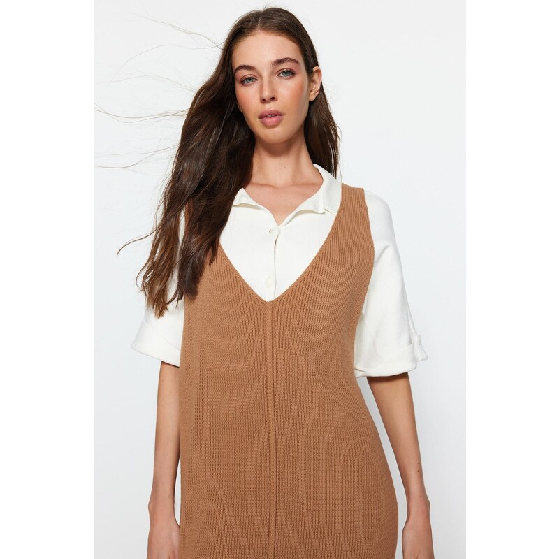 Trendyol Beige Maxi Knitwear V Neck Dress