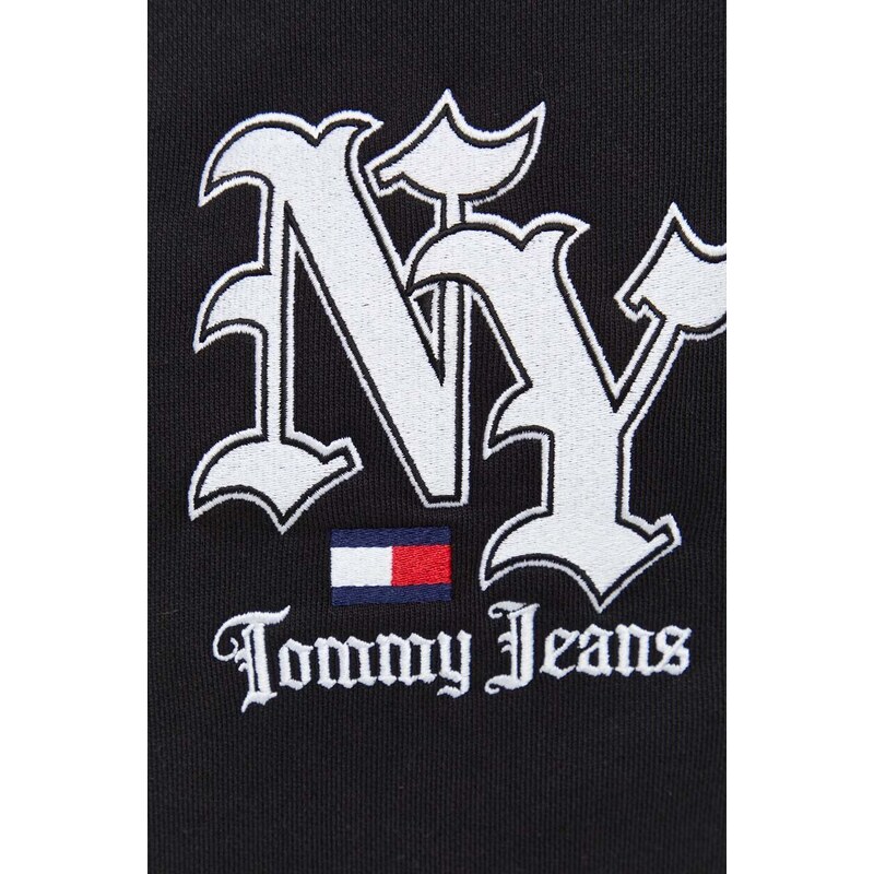 Bavlněná mikina Tommy Jeans pánská, černá barva, s kapucí, s aplikací