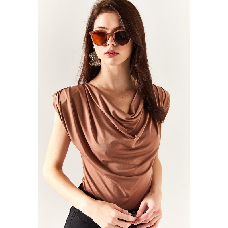 Olalook Women's Camel Padded Plunging Collar Flowy Blouse