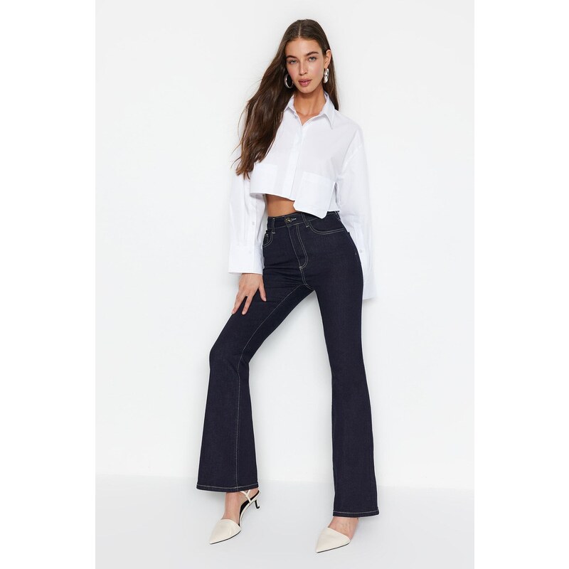 Trendyol Navy Blue Stitch Detail Vysoký pas Flare Jeans