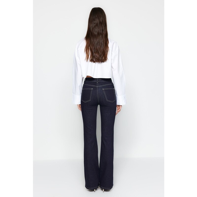 Trendyol Navy Blue Stitch Detail Vysoký pas Flare Jeans