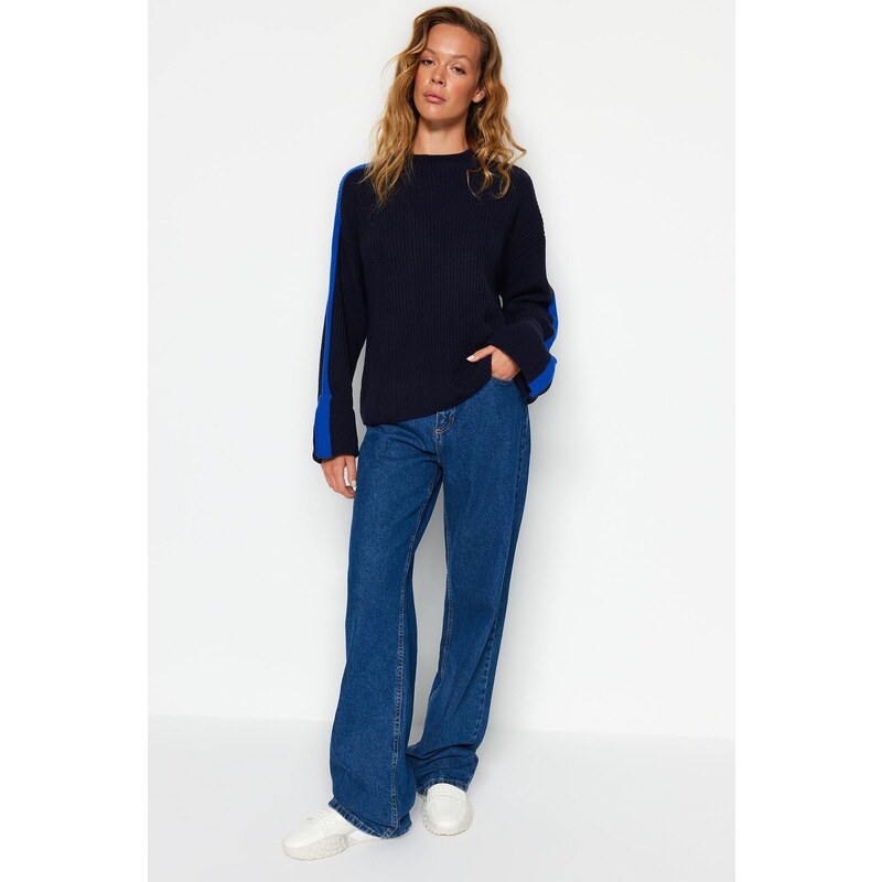 Trendyol Navy Blue Wide Fit Sleeve Fold Knitwear Sweater