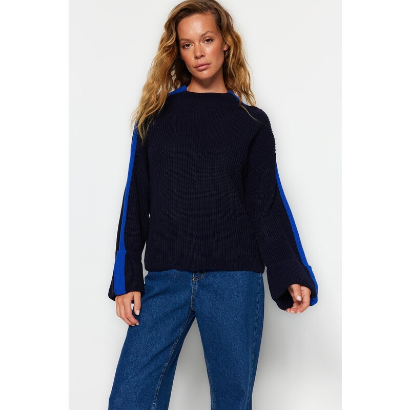 Trendyol Navy Blue Wide Fit Sleeve Fold Knitwear Sweater