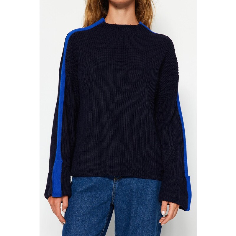 Trendyol Navy Blue Wide Fit Sleeve Fold Knitwear Sweater