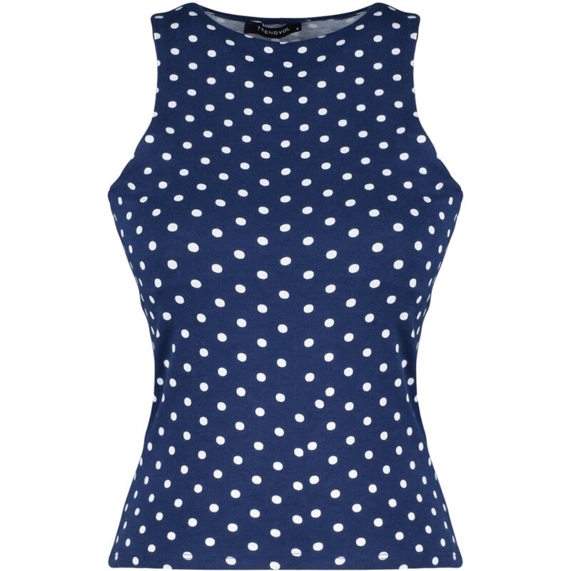 Trendyol Navy Blue Polka Dot Printed Cotton Halterneck Fitted/Slip-On Knitted Singlets