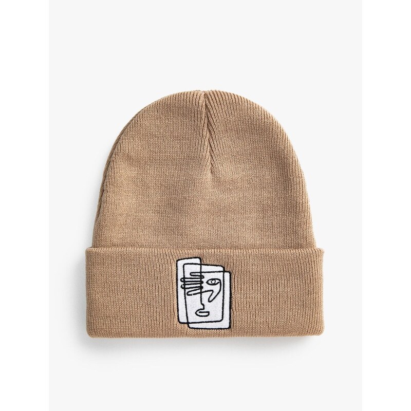 Koton Basic Knit Beanie with Embroidered Fold Detail.