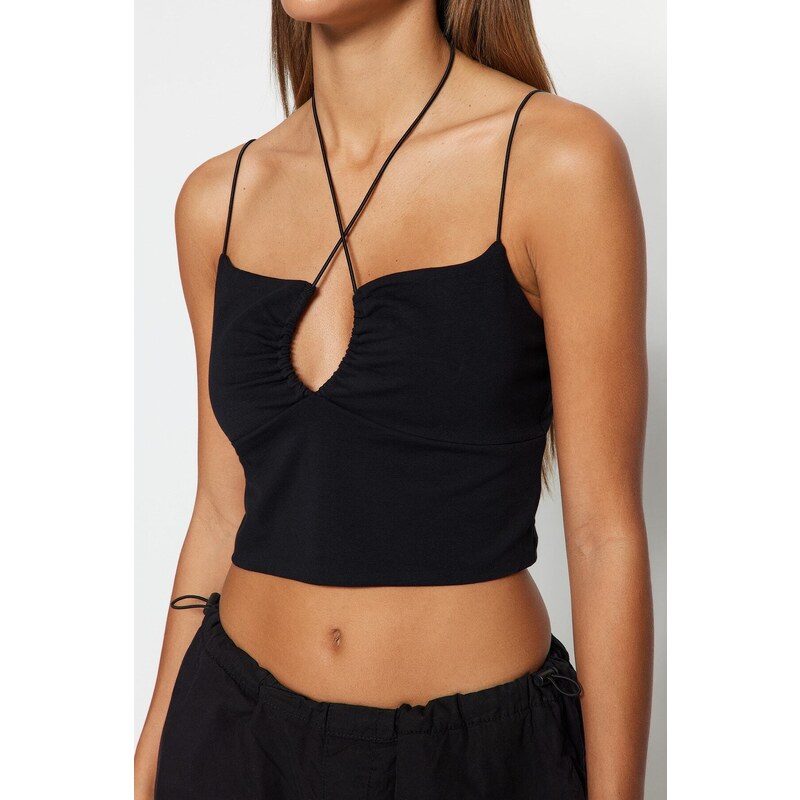 Trendyol Black Halterneck Spaghetti Straps Cotton Stretchy Crop Knitted Singlets