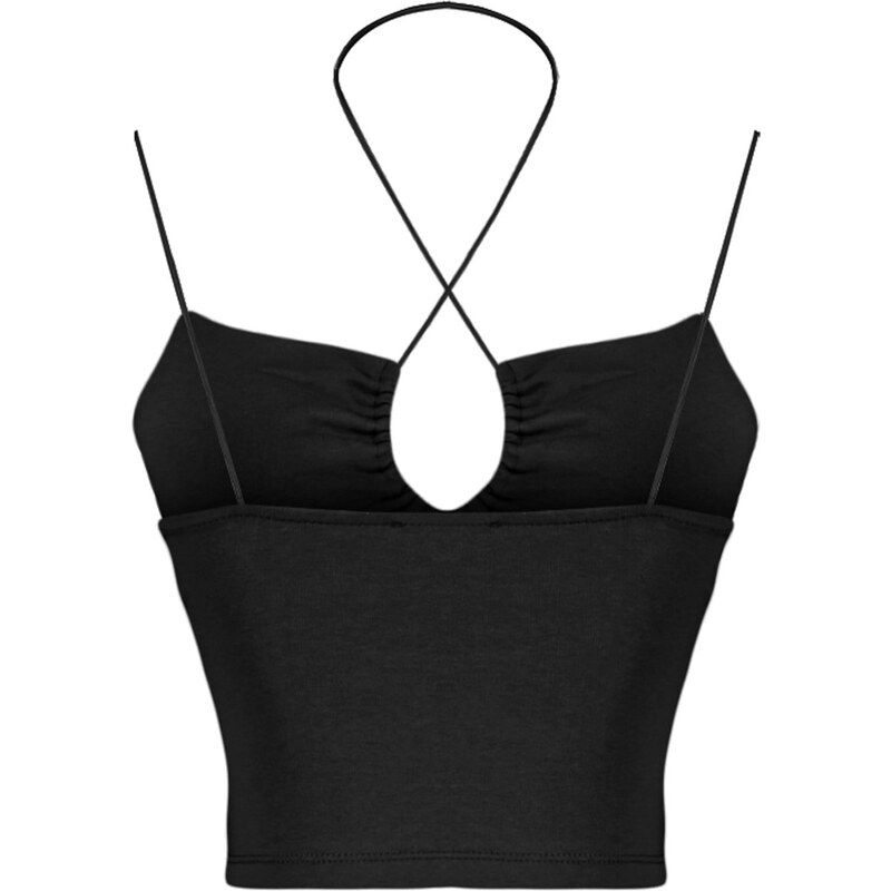 Trendyol Black Halterneck Spaghetti Straps Cotton Stretchy Crop Knitted Singlets