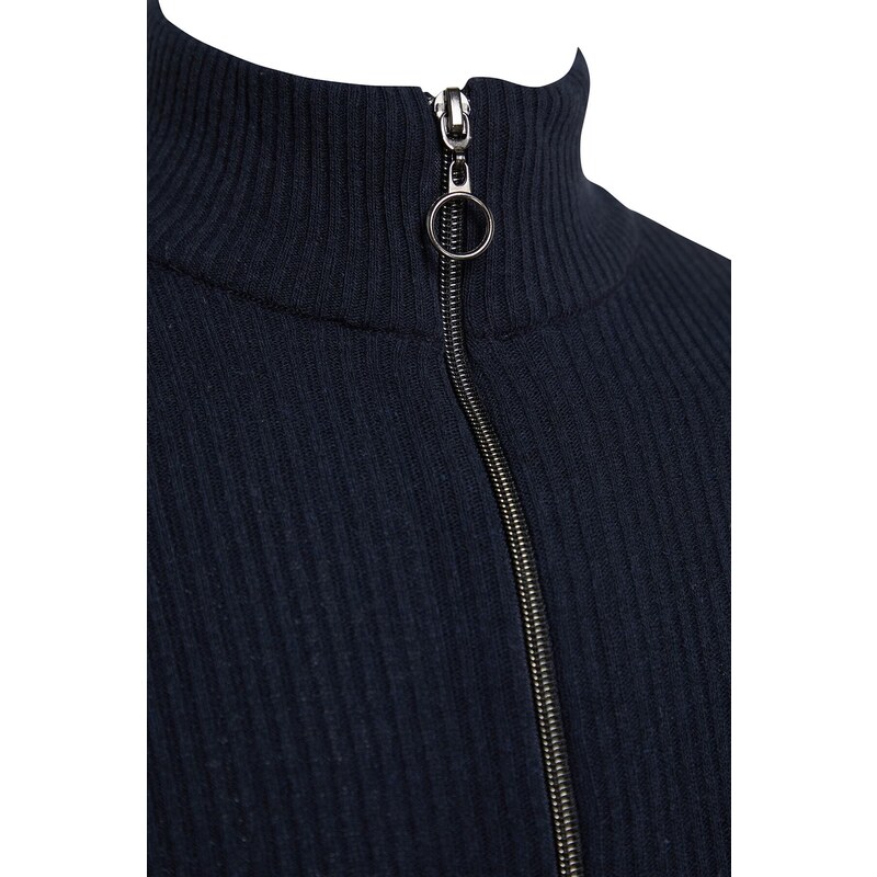 Trendyol Navy Blue Men's Fitted Tight Fitted Cardigan with Zipper Front, Corduroy Knitwear