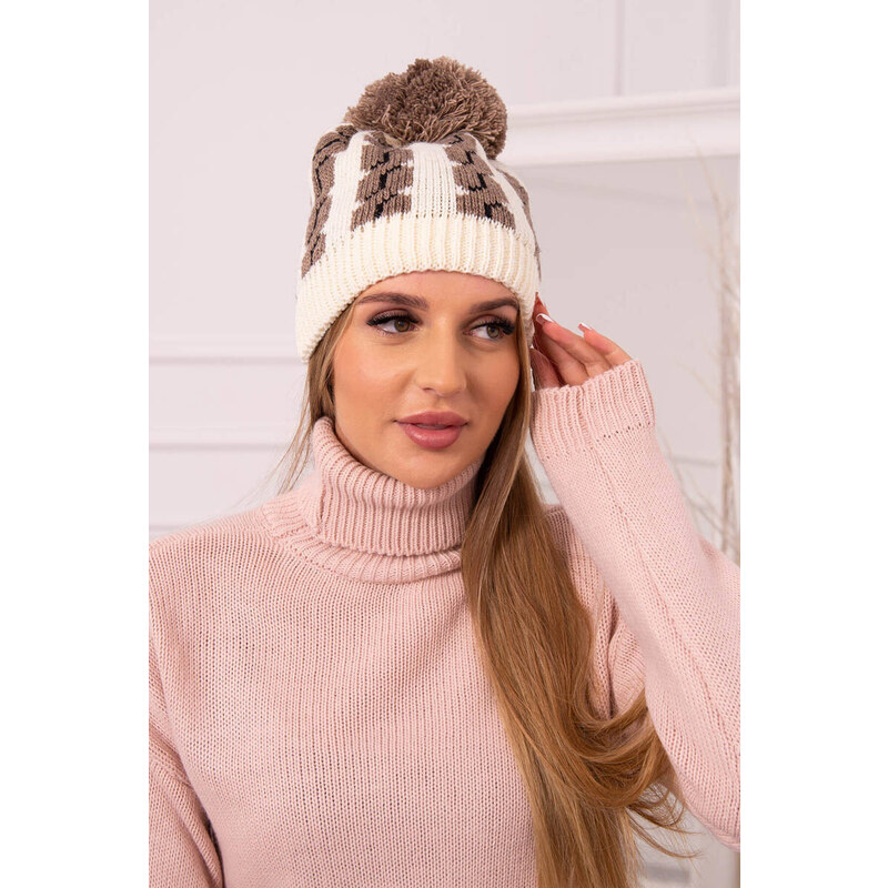 K-Fashion Dámská čepice s bambulí Rozalia K323 mocca+ecru