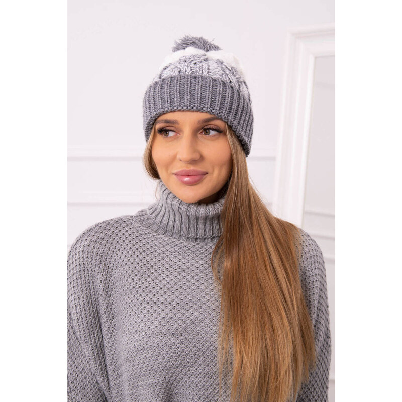 K-Fashion Dámská čepice s bambulí Abigail K326 šedá+bílá