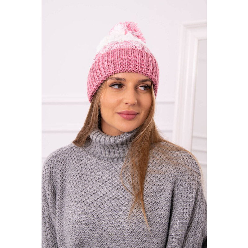 K-Fashion Dámská čepice s bambulí Abigail K326 powder pink+ecru